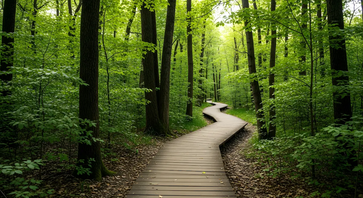 Curving wooden pathway through a lush green forest symbolizing healing self discovery and forward movement in trauma therapy annapolis